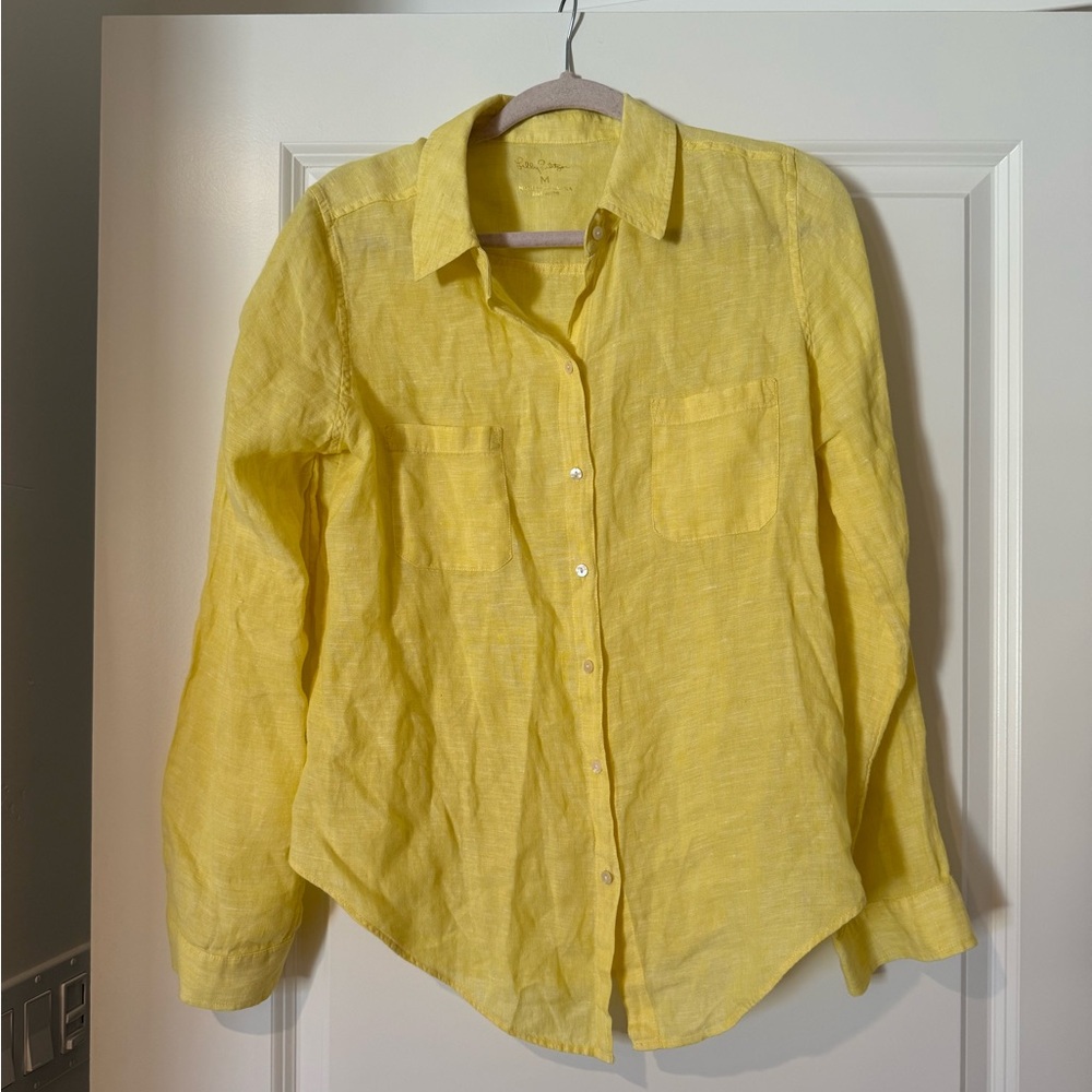 Lilly Pulitzer Yellow 100% Linen Button Down Shirt size Medium